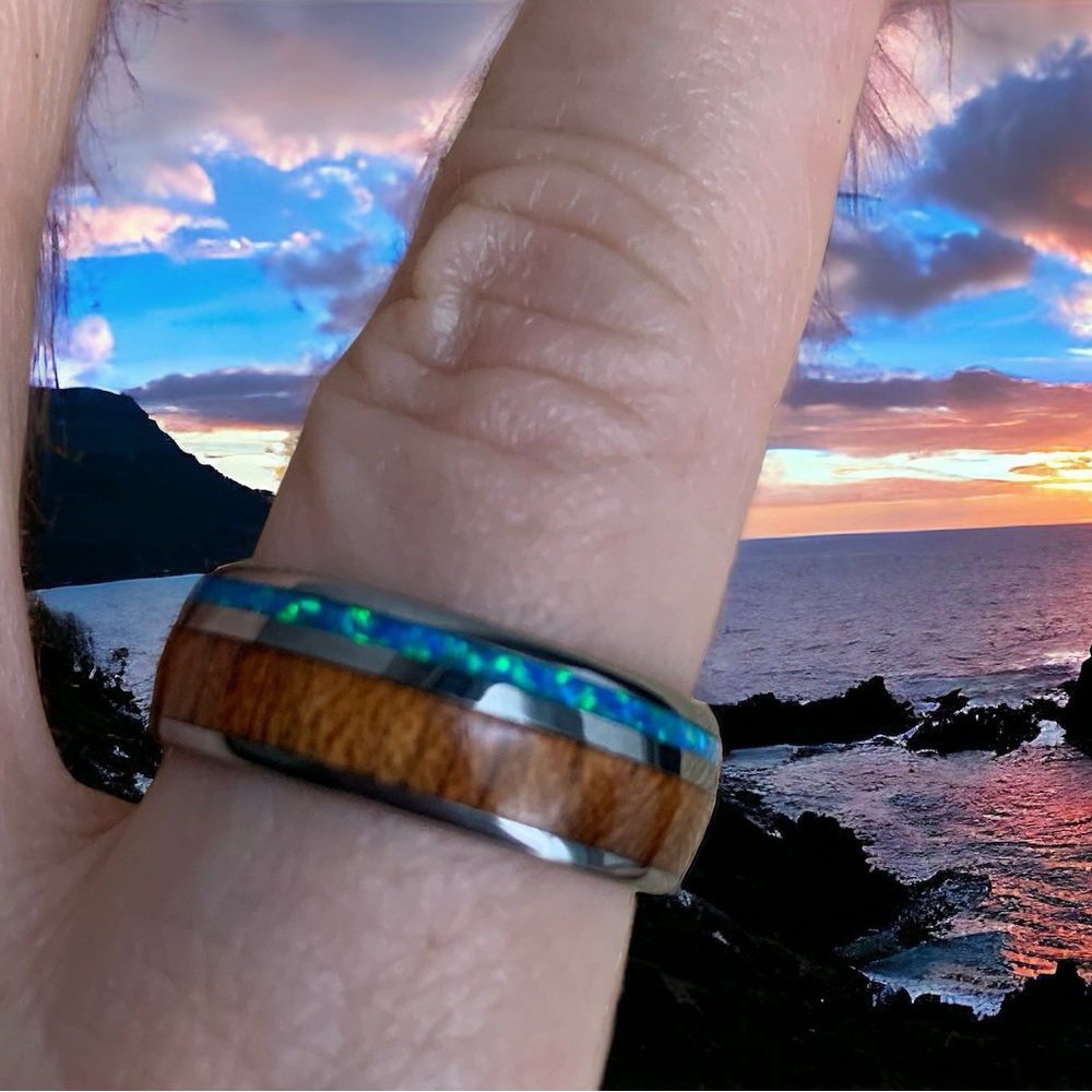 Blue opal and Koa wood Tungsten men’s wedding ring